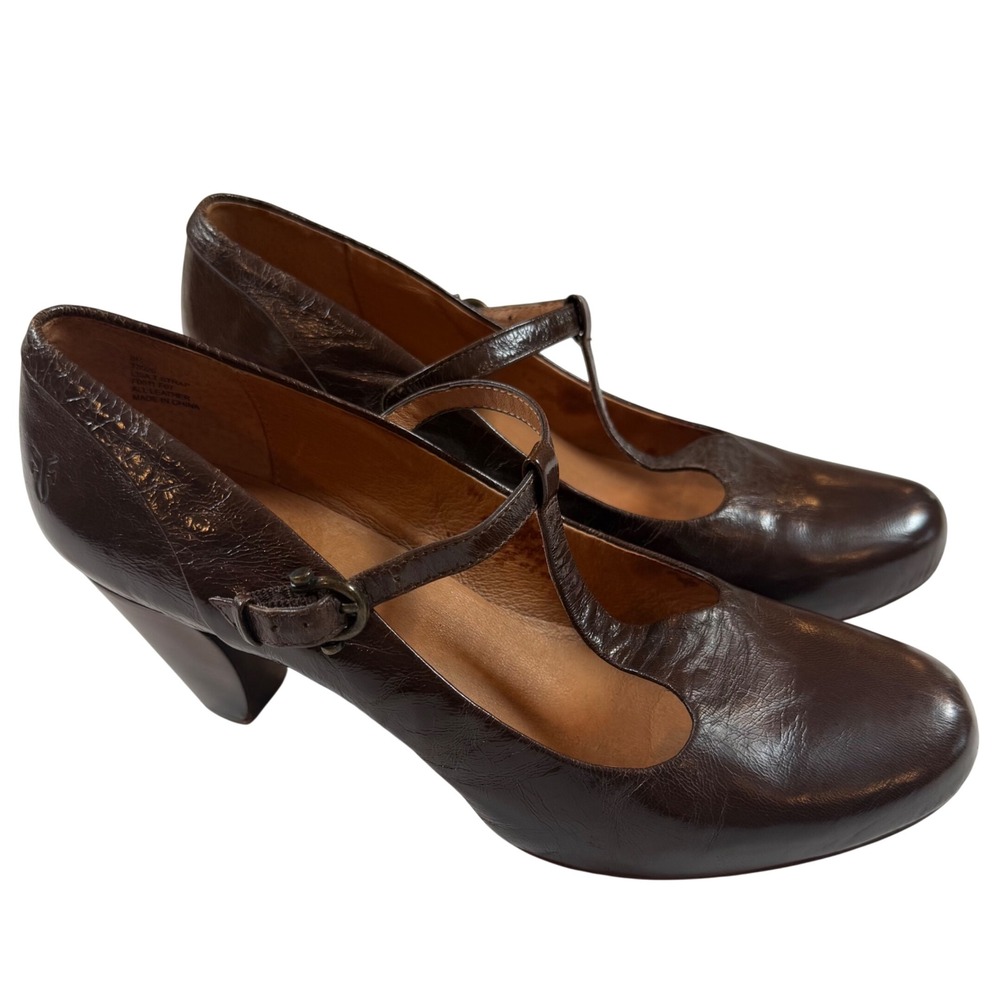 Frye Lisa T-Strap Pumps‎ Brown Leather Round Toe Heel Mary Jane Sz 8 Vtg Style